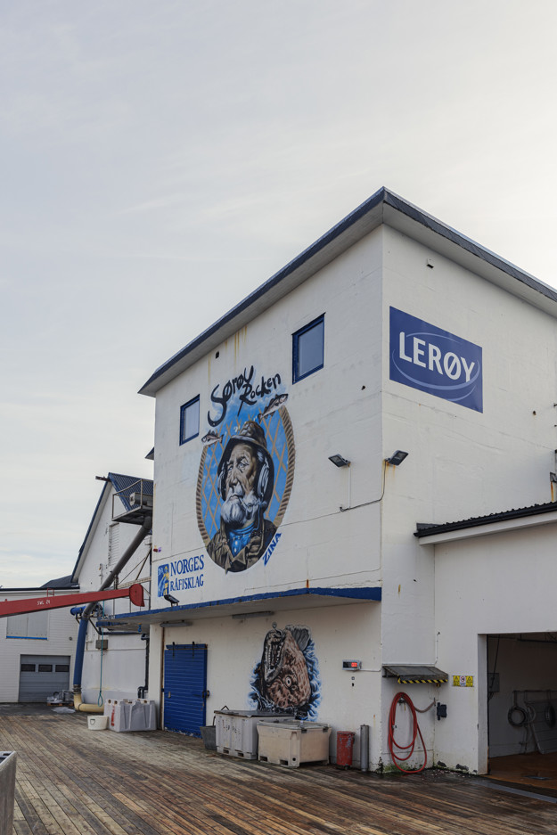 Graffiti seen on one of the sides of the factory with the text "Sørøy Rocken" and an old fisherman. 